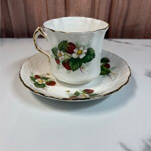 vintage Hammersley "Strawberry Ripe" bone china teacup and saucer set.